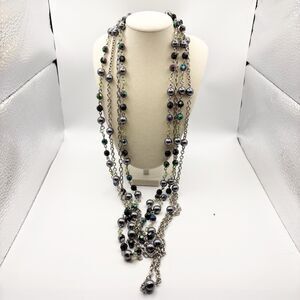 Vtg 90s Gunmetal Multi Layer Chains Black & Gray Silver Beaded Necklace 32”